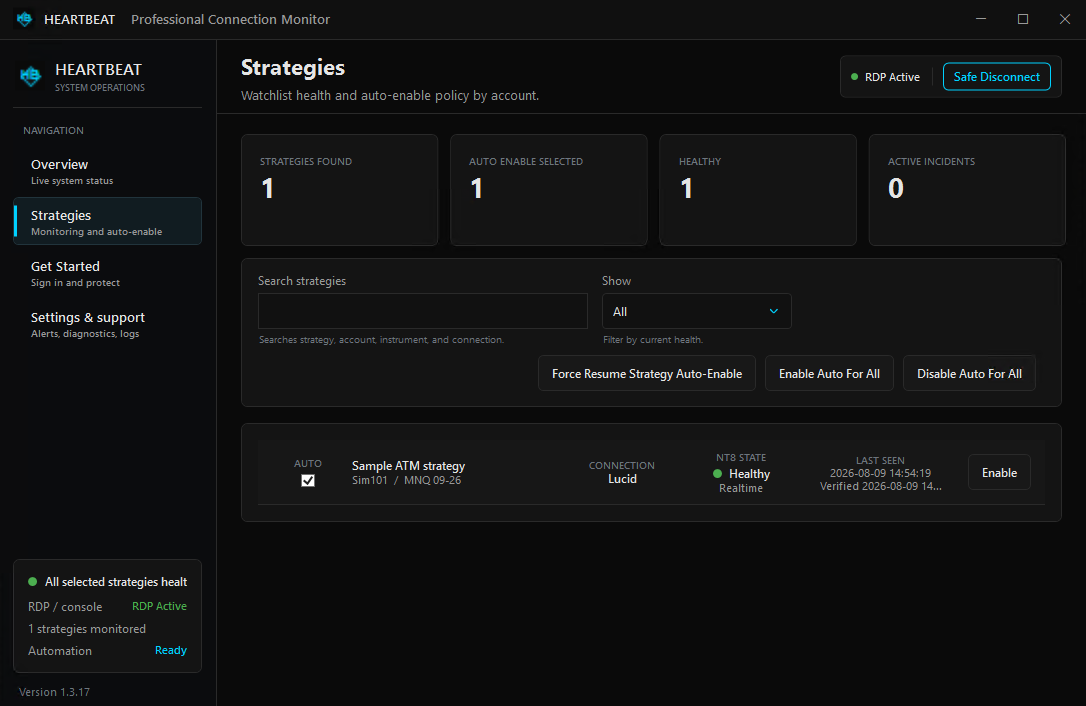 HeartBeat selected strategy monitoring and recovery controls for NinjaTrader
