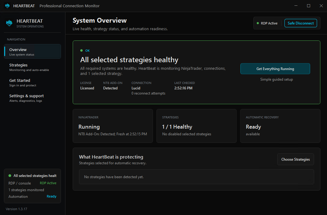 HeartBeat system overview showing NinjaTrader process, connection, add-on, and strategy monitoring status