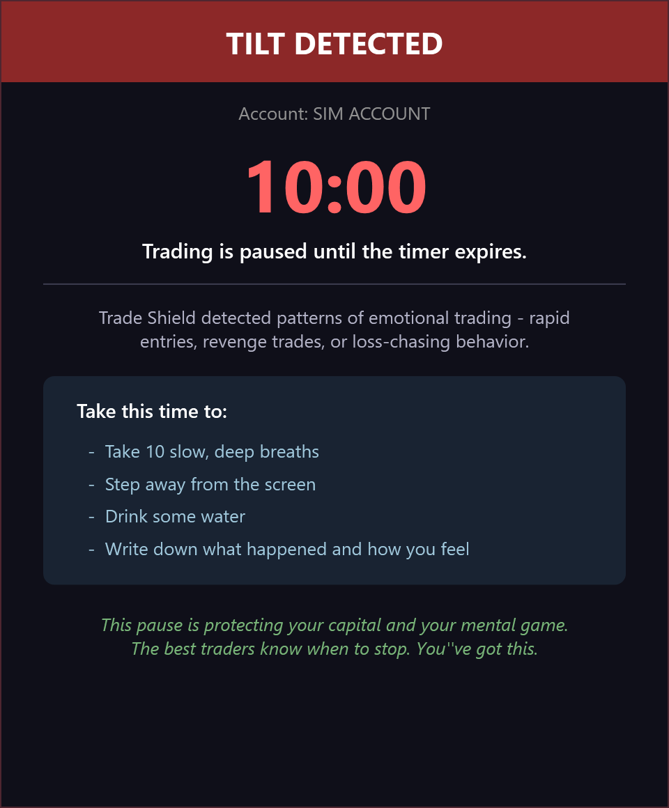 Trade Shield product interface showing a timed trading cooldown for a simulation account